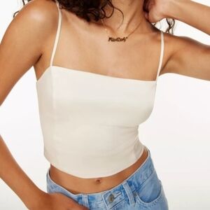 Aritzia Sunday Best Shimmer Satin Camisole Crop Top Large Ivory Smocked Back